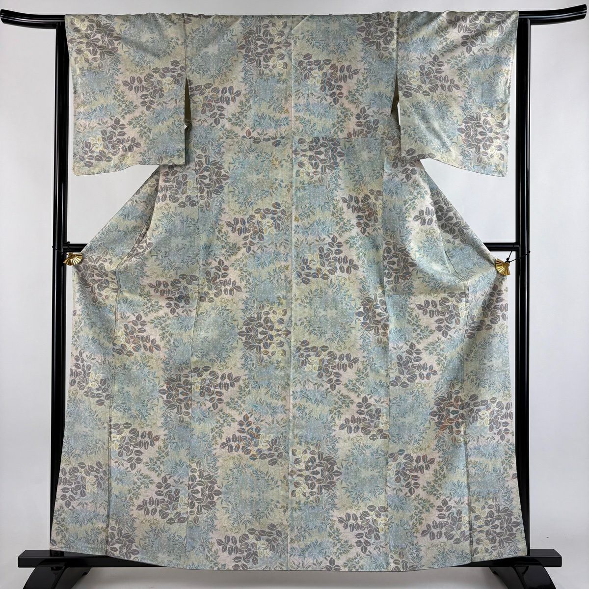 【美品】 紬織 身長161.5cm 袖長63.5cm S 雙層 葉柄 淺綠 純蠶絲 秀品級