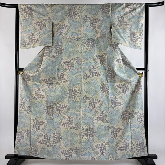 【美品】 紬織 身長161.5cm 袖長63.5cm S 雙層 葉柄 淺綠 純蠶絲 秀品級