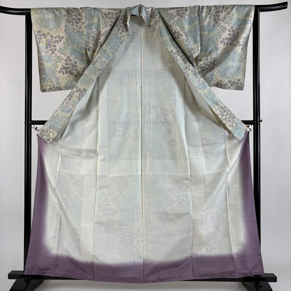 【美品】 紬織 身長161.5cm 袖長63.5cm S 雙層 葉柄 淺綠 純蠶絲 秀品級