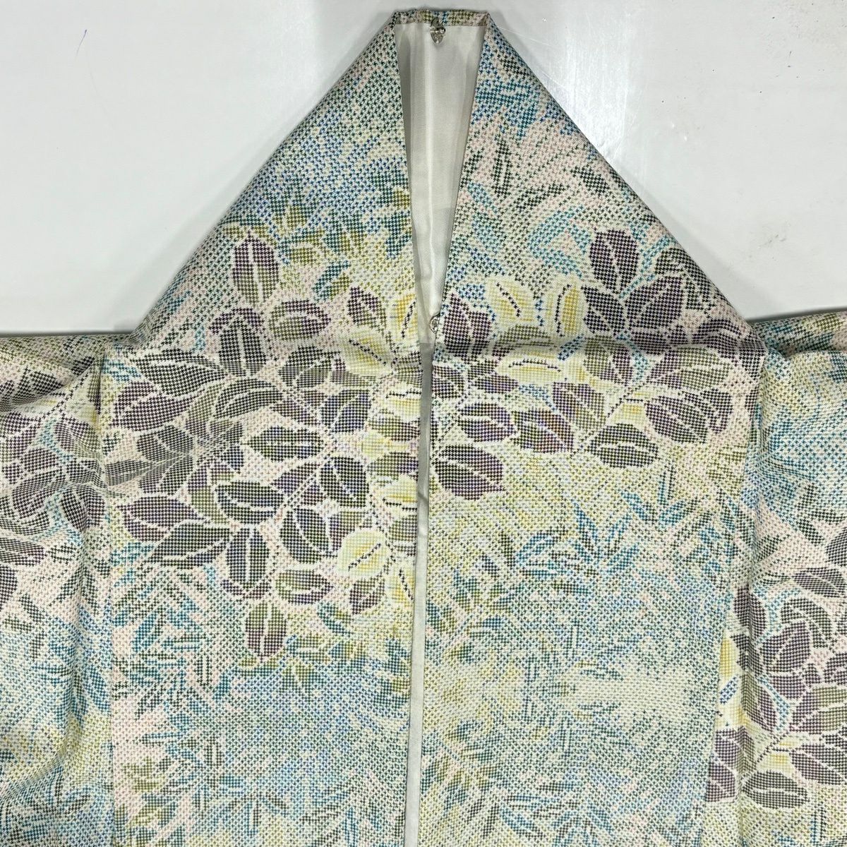 【美品】 紬織 身長161.5cm 袖長63.5cm S 雙層 葉柄 淺綠 純蠶絲 秀品級