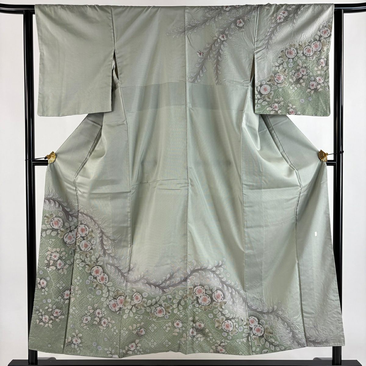 【美品】訪問服 身長152.5cm 袖長62.5cm S 雙層 紬織織 辻花染 霞 漸層 灰綠 純蠶絲 秀品級