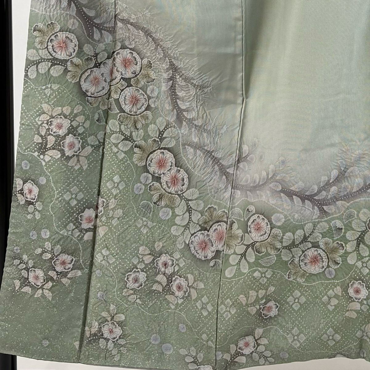 【美品】訪問服 身長152.5cm 袖長62.5cm S 雙層 紬織織 辻花染 霞 漸層 灰綠 純蠶絲 秀品級