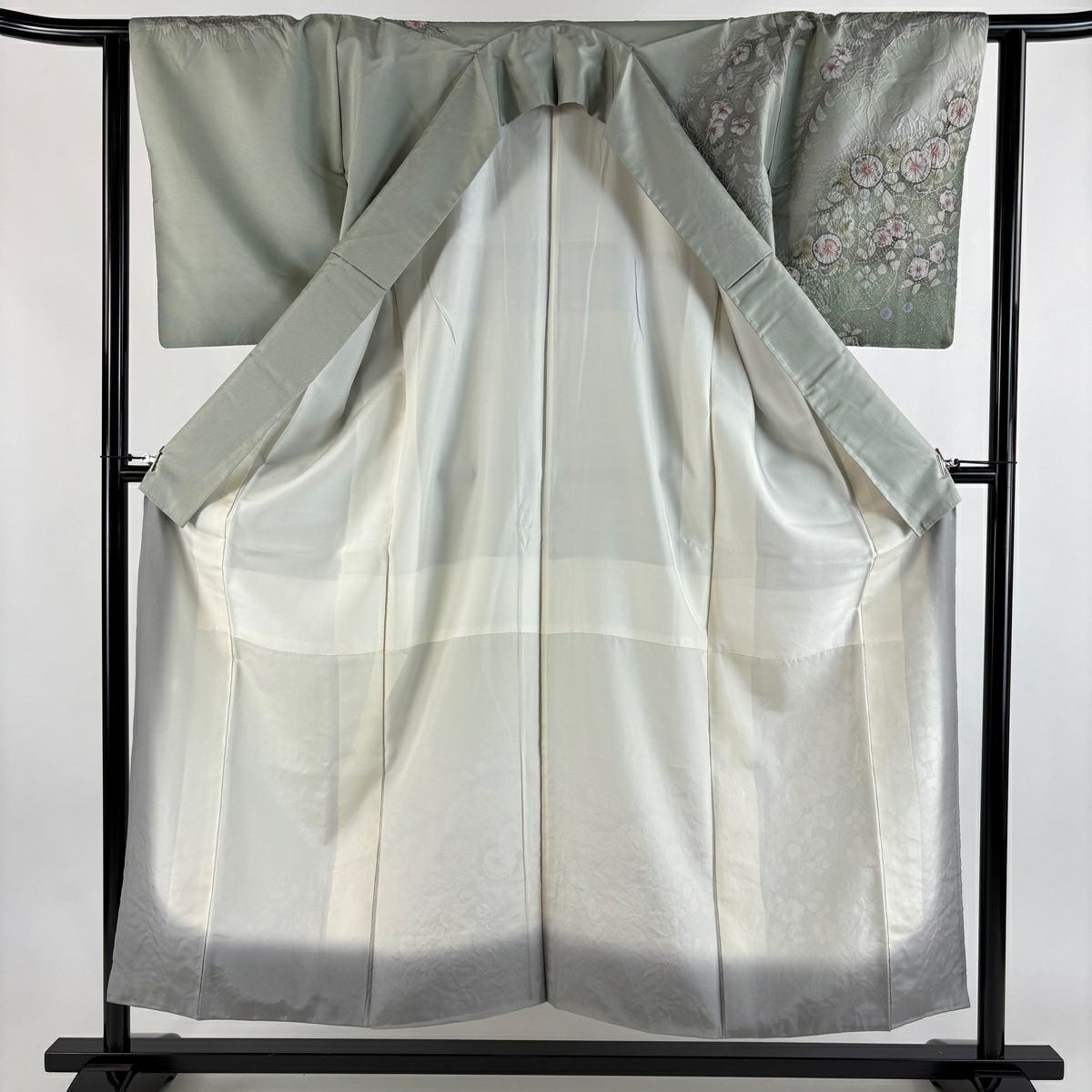 【美品】訪問服 身長152.5cm 袖長62.5cm S 雙層 紬織織 辻花染 霞 漸層 灰綠 純蠶絲 秀品級