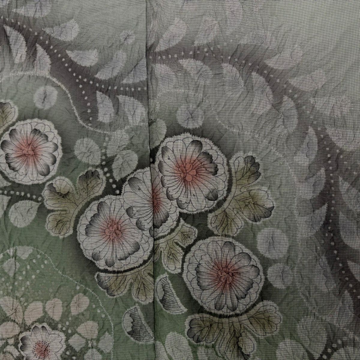 【美品】訪問服 身長152.5cm 袖長62.5cm S 雙層 紬織織 辻花染 霞 漸層 灰綠 純蠶絲 秀品級