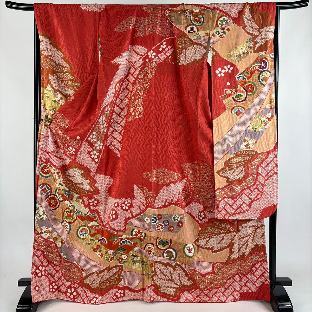 振袖禮服 身長167cm 袖長70cm L 雙層 松樹竹子梅花 熨斗紋 金絲 金銀彩 朱 純蠶絲 秀品級