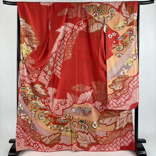 振袖禮服 身長167cm 袖長70cm L 雙層 松樹竹子梅花 熨斗紋 金絲 金銀彩 朱 純蠶絲 秀品級