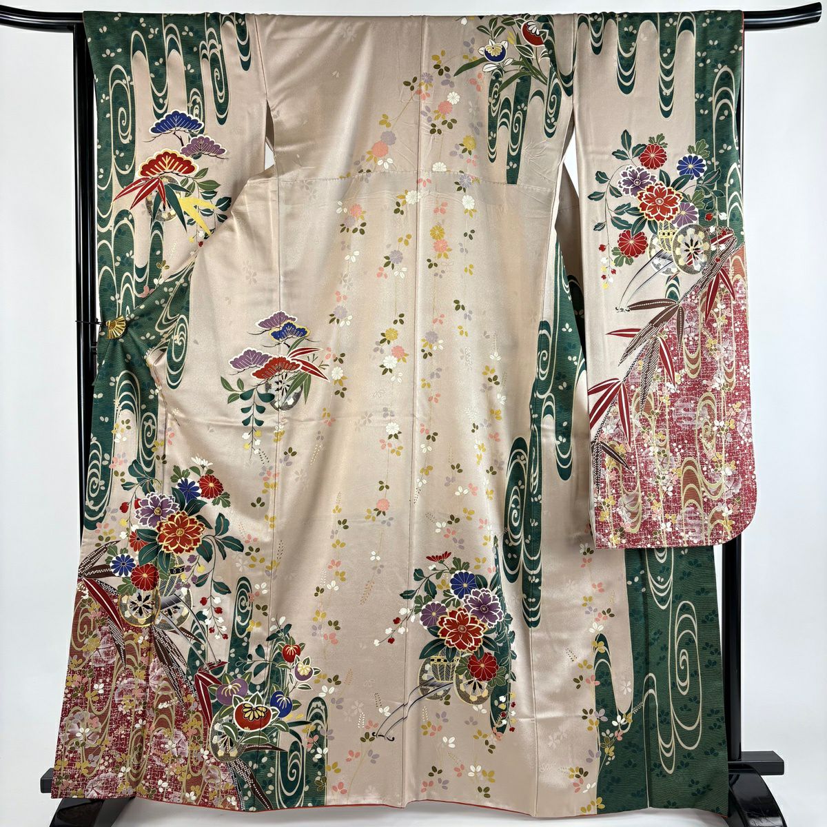 振袖禮服 身長164.5cm 袖長66.5cm M 雙層 花車 笹 金銀彩 金彩裝飾 薄小豆 純蠶絲 秀品級