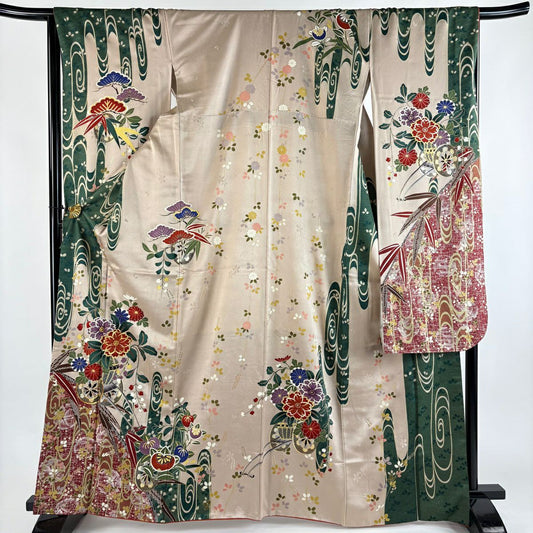 振袖禮服 身長164.5cm 袖長66.5cm M 雙層 花車 笹 金銀彩 金彩裝飾 薄小豆 純蠶絲 秀品級