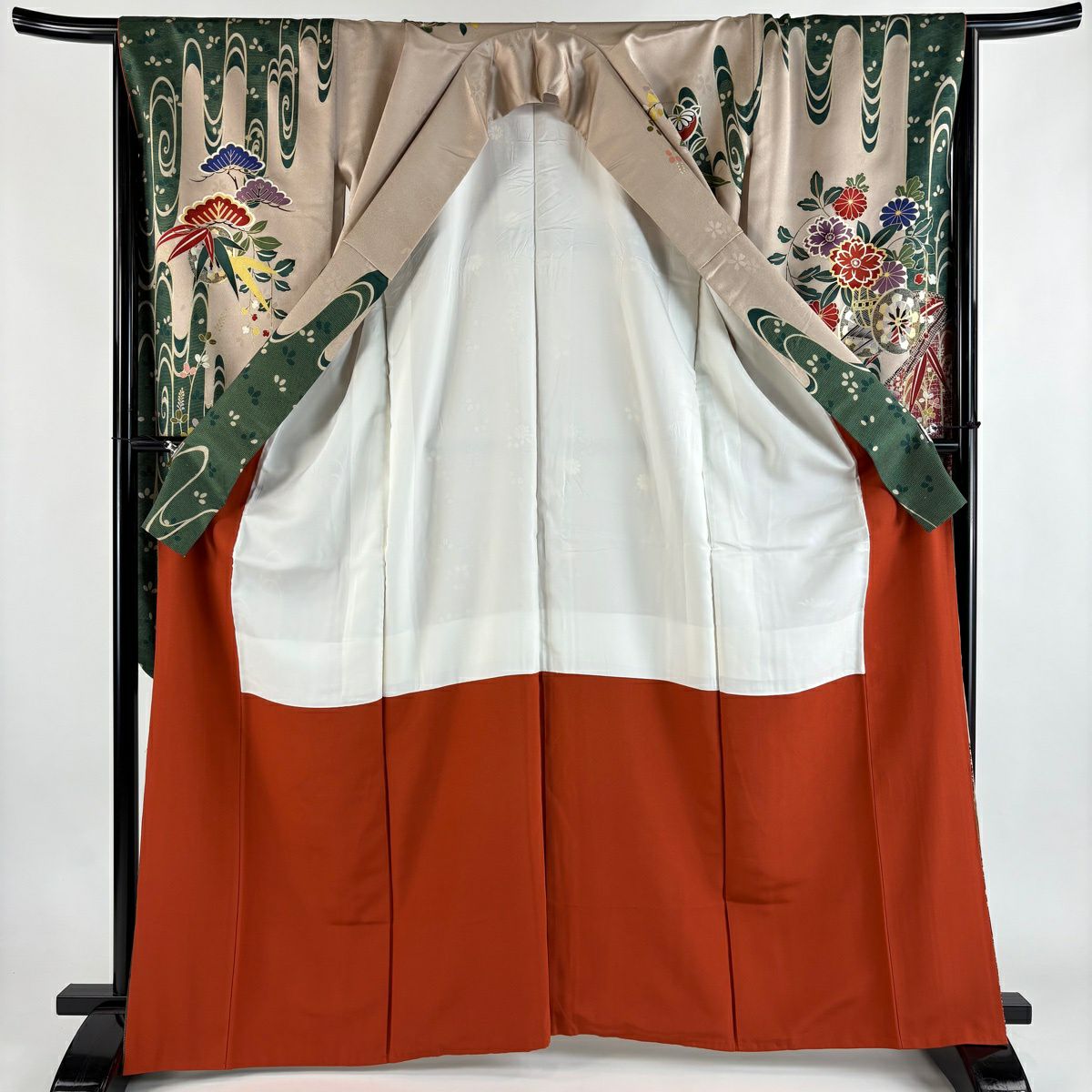 振袖禮服 身長164.5cm 袖長66.5cm M 雙層 花車 笹 金銀彩 金彩裝飾 薄小豆 純蠶絲 秀品級