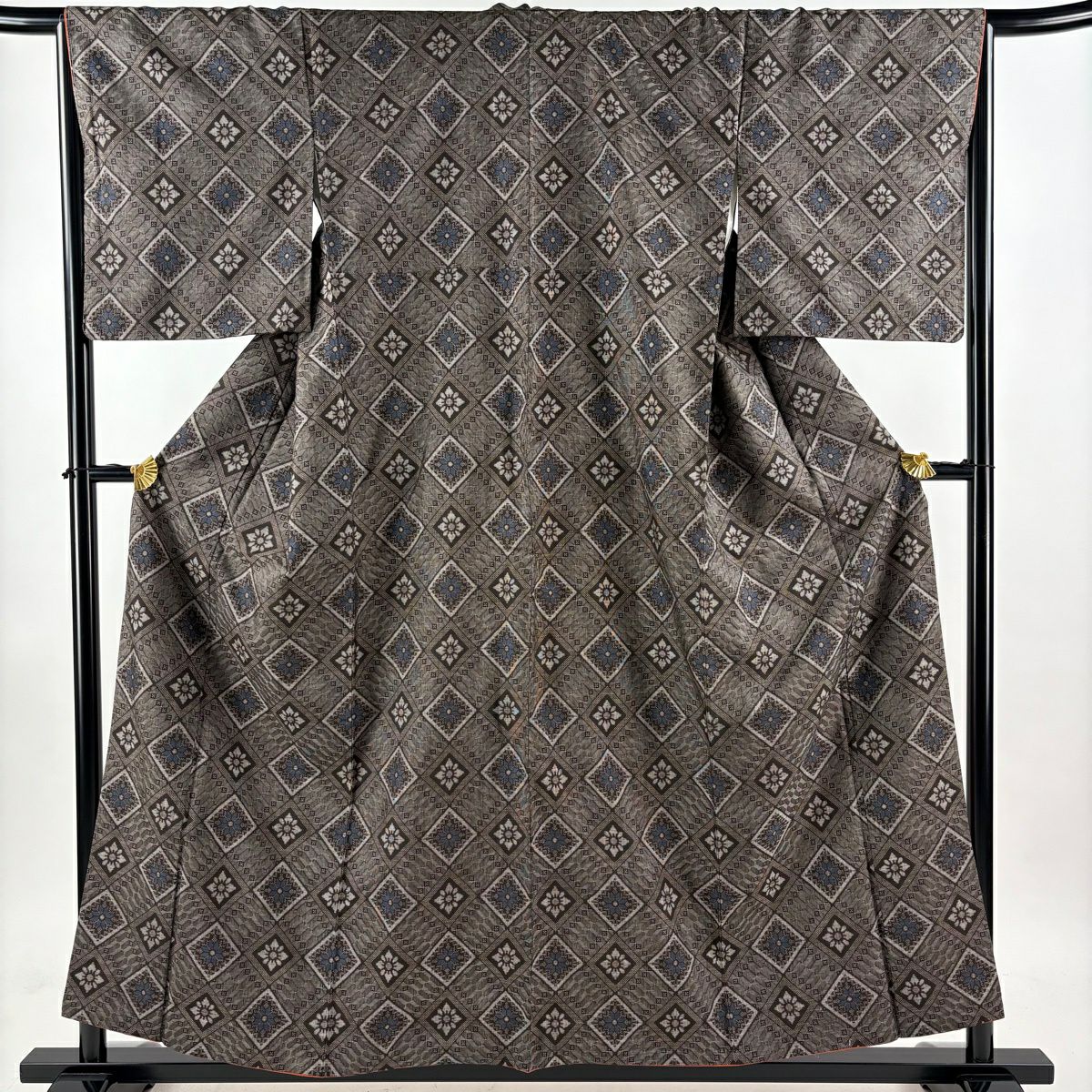 【美品】 紬織 身長156.5cm 袖長66cm M 雙層 菱花 焦茶 純蠶絲 秀品級