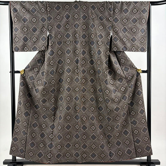 【美品】 紬織 身長156.5cm 袖長66cm M 雙層 菱花 焦茶 純蠶絲 秀品級