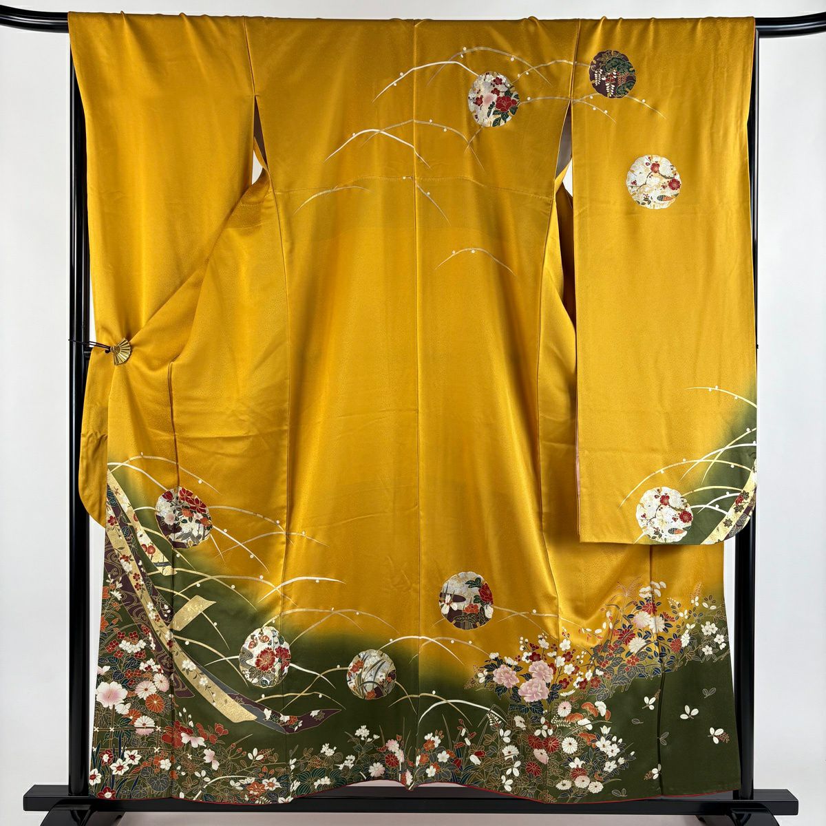 振袖禮服 身長157.5cm 袖長67cm M 雙層 雪輪 草花紋 金糸 金銀彩 山吹 純蠶絲 秀品級