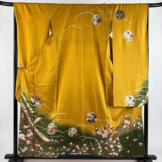 振袖禮服 身長157.5cm 袖長67cm M 雙層 雪輪 草花紋 金糸 金銀彩 山吹 純蠶絲 秀品級
