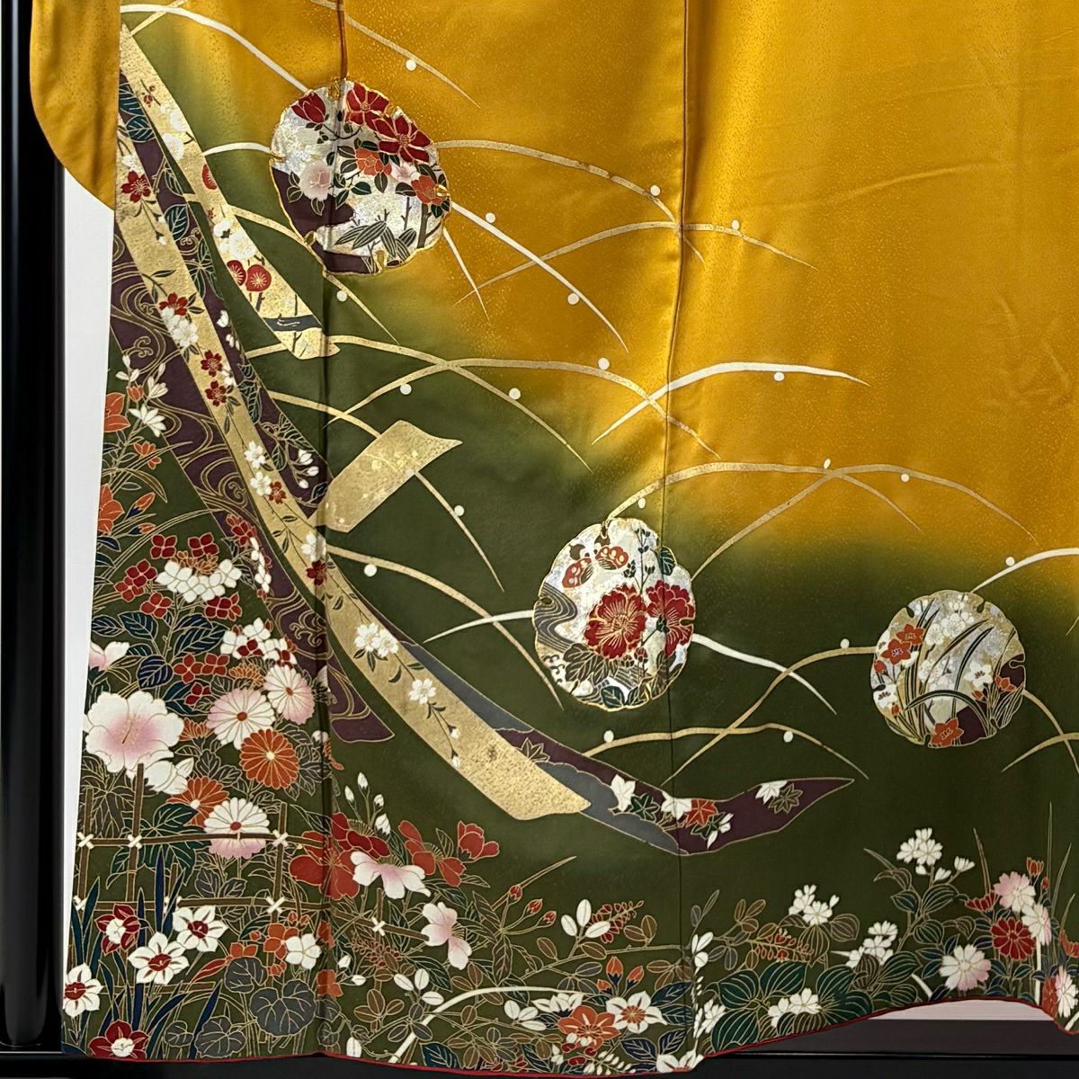振袖禮服 身長157.5cm 袖長67cm M 雙層 雪輪 草花紋 金糸 金銀彩 山吹 純蠶絲 秀品級