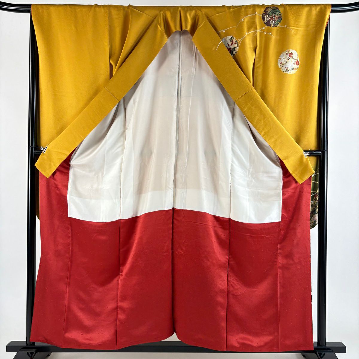 振袖禮服 身長157.5cm 袖長67cm M 雙層 雪輪 草花紋 金糸 金銀彩 山吹 純蠶絲 秀品級