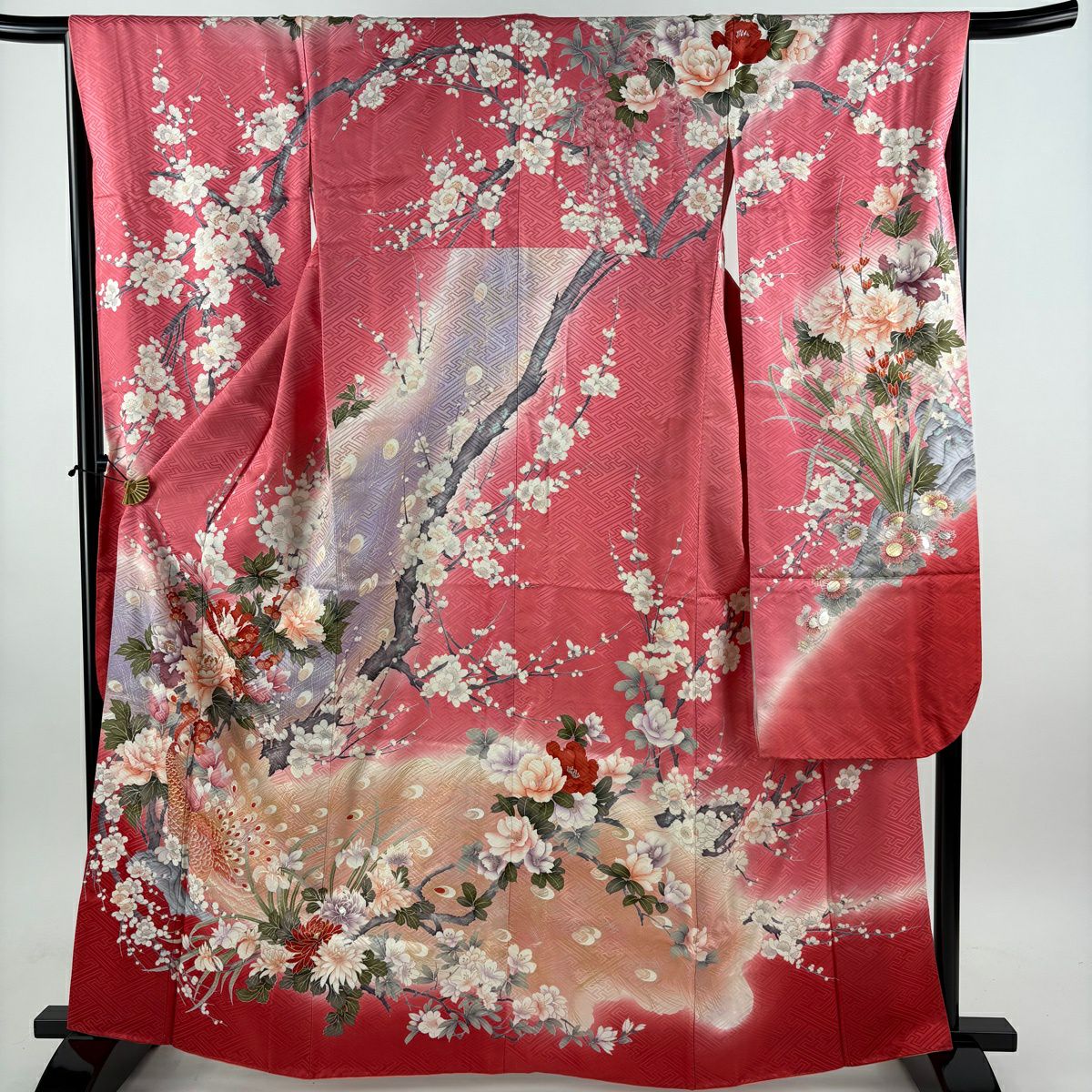 振袖禮服 身長163cm 袖長65.5cm M 雙層 孔雀 草花紋紋 金銀彩 金絲 粉紅 純蠶絲 秀品級