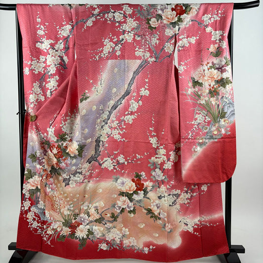 振袖禮服 身長163cm 袖長65.5cm M 雙層 孔雀 草花紋紋 金銀彩 金絲 粉紅 純蠶絲 秀品級