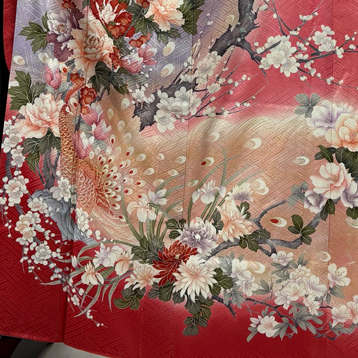 振袖禮服 身長163cm 袖長65.5cm M 雙層 孔雀 草花紋紋 金銀彩 金絲 粉紅 純蠶絲 秀品級