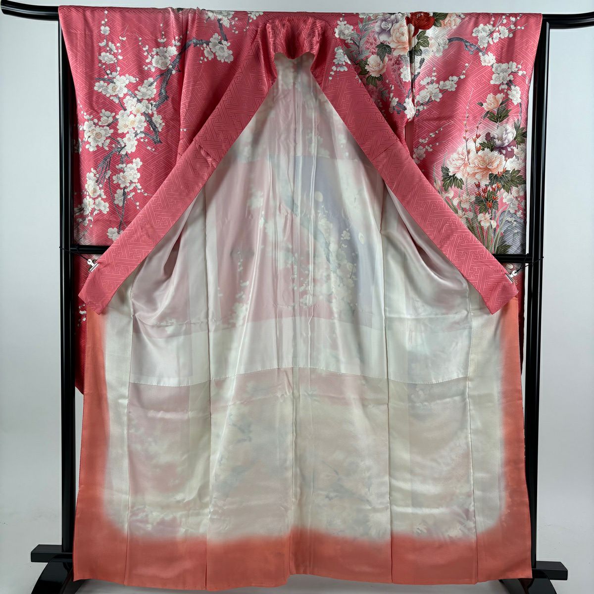 振袖禮服 身長163cm 袖長65.5cm M 雙層 孔雀 草花紋紋 金銀彩 金絲 粉紅 純蠶絲 秀品級