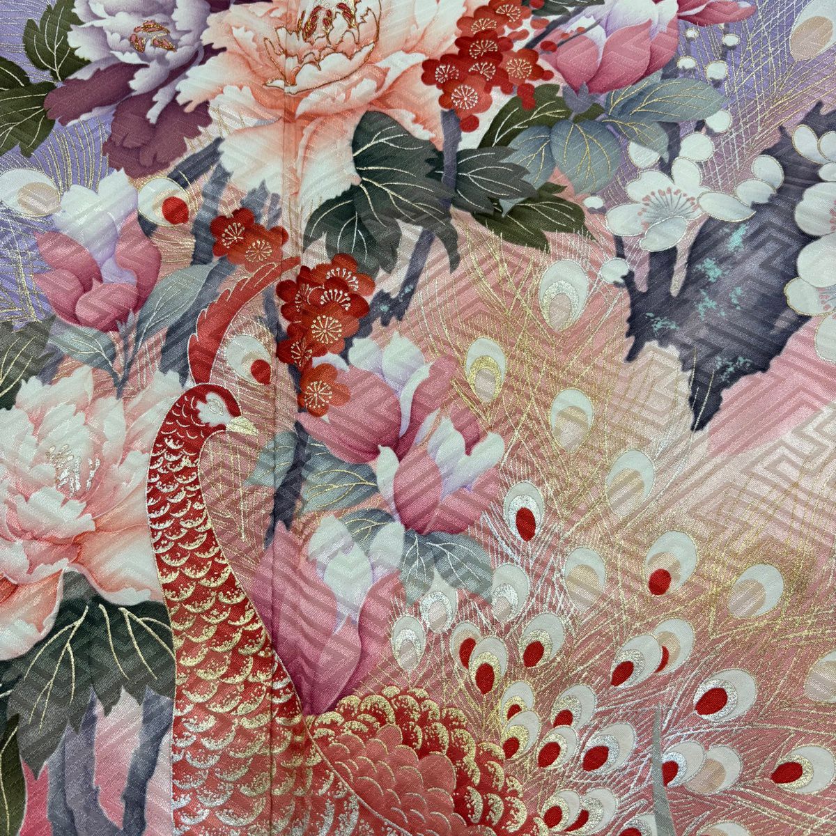 振袖禮服 身長163cm 袖長65.5cm M 雙層 孔雀 草花紋紋 金銀彩 金絲 粉紅 純蠶絲 秀品級