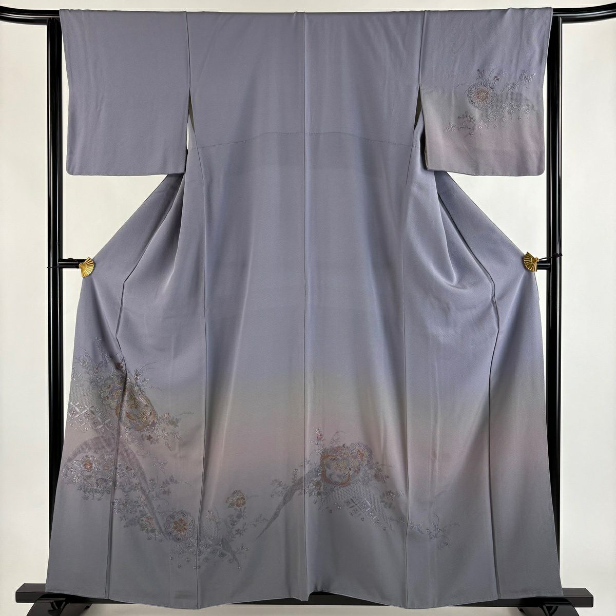 付下 身長159cm 袖長63.5cm S 雙層 華紋 向鳥刺繡 金線 灰紫 純蠶絲 優品級