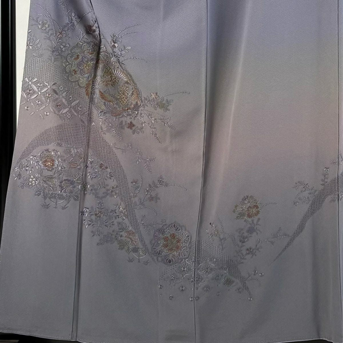付下 身長159cm 袖長63.5cm S 雙層 華紋 向鳥刺繡 金線 灰紫 純蠶絲 優品級