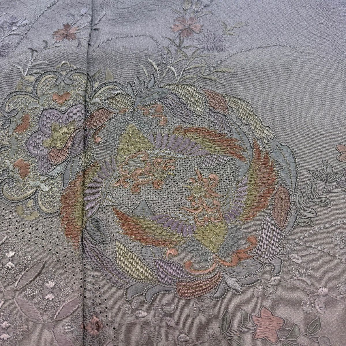 付下 身長159cm 袖長63.5cm S 雙層 華紋 向鳥刺繡 金線 灰紫 純蠶絲 優品級