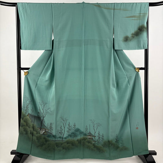 訪問服 身長164.5cm 袖長65.5cm M 雙層 落款あり 建物 樹木 綠 純蠶絲 秀品級