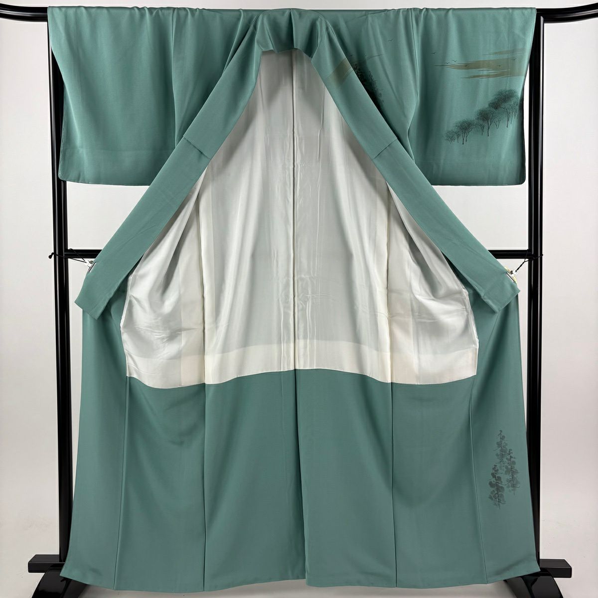 訪問服 身長164.5cm 袖長65.5cm M 雙層 落款あり 建物 樹木 綠 純蠶絲 秀品級