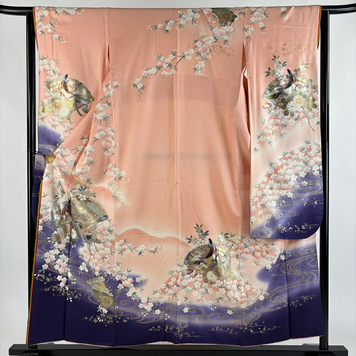 振袖禮服 身長156cm 袖長64cm M 雙層 桧扇子 姫 金銀彩 漸層 粉色 純蠶絲 優品級