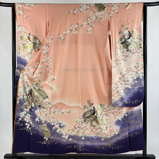 振袖禮服 身長156cm 袖長64cm M 雙層 桧扇子 姫 金銀彩 漸層 粉色 純蠶絲 優品級