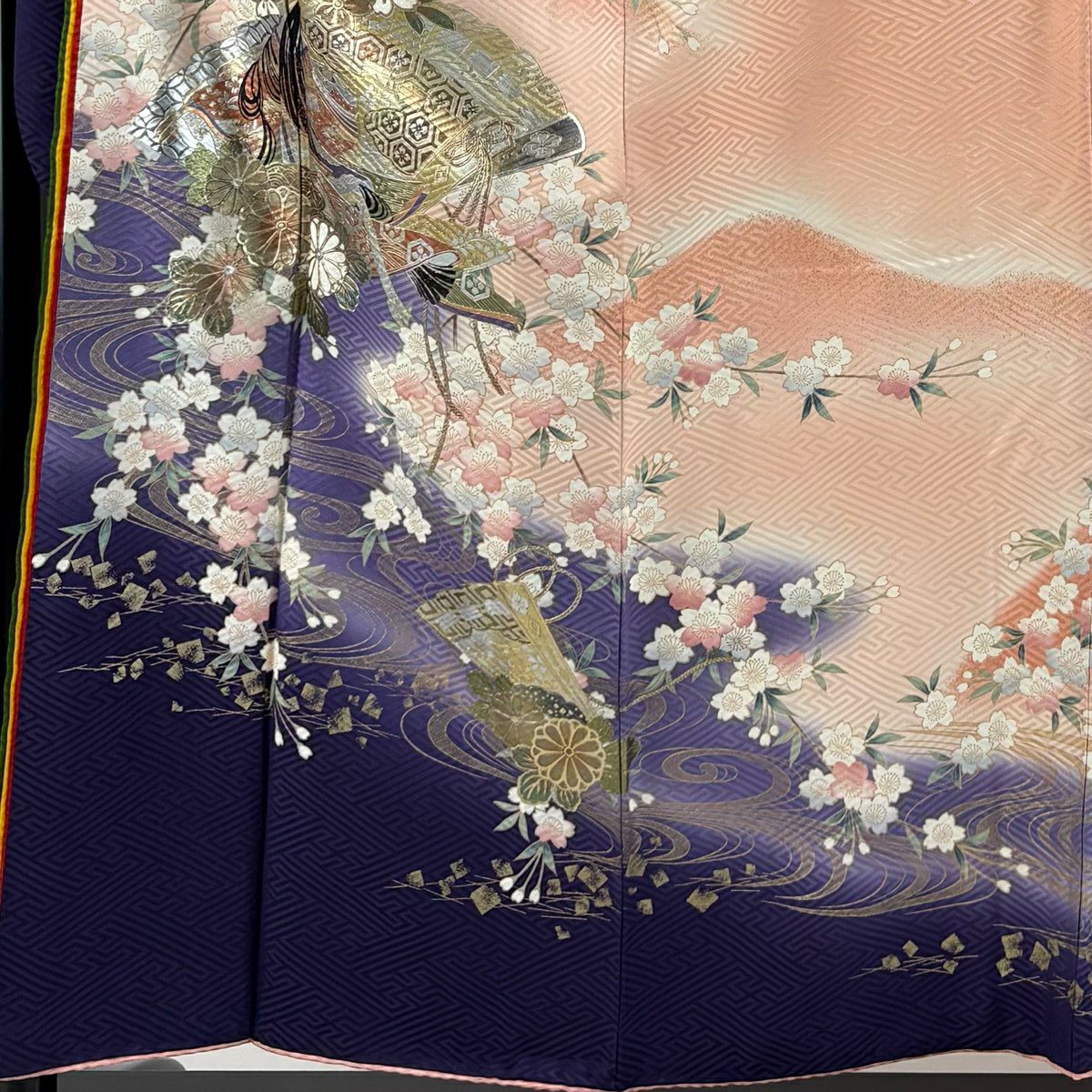 振袖禮服 身長156cm 袖長64cm M 雙層 桧扇子 姫 金銀彩 漸層 粉色 純蠶絲 優品級