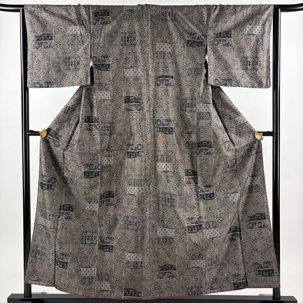 【美品】 紬織 身長155cm 袖長64cm M 雙層 草花紋紋 菱 焦茶 純蠶絲 秀品級