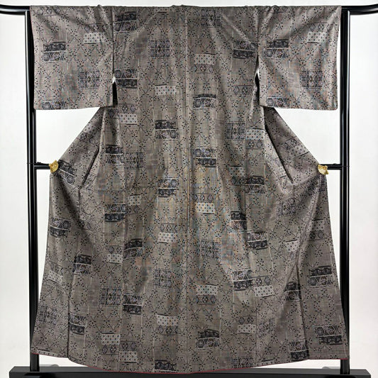 【美品】 紬織 身長155cm 袖長64cm M 雙層 草花紋紋 菱 焦茶 純蠶絲 秀品級