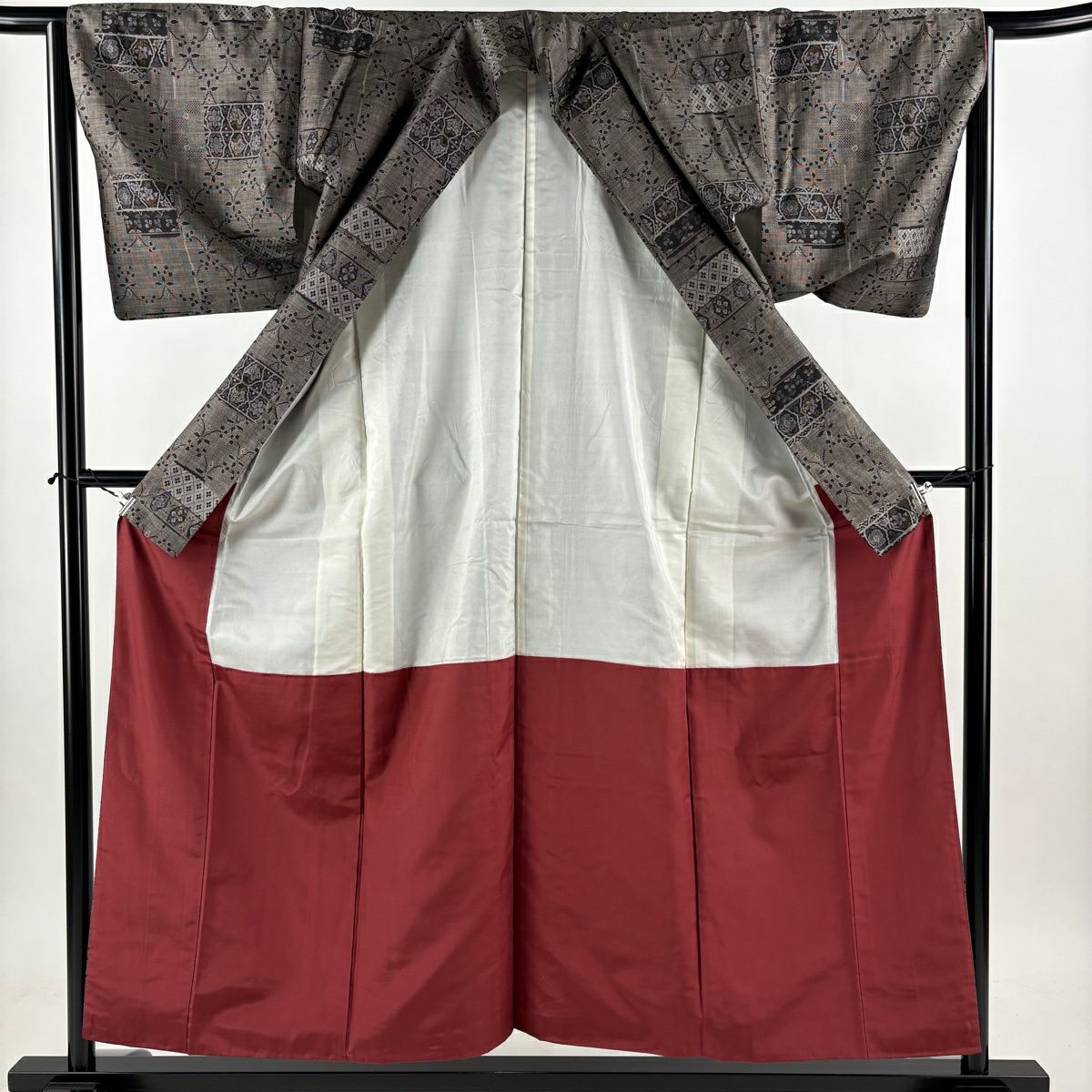 【美品】 紬織 身長155cm 袖長64cm M 雙層 草花紋紋 菱 焦茶 純蠶絲 秀品級