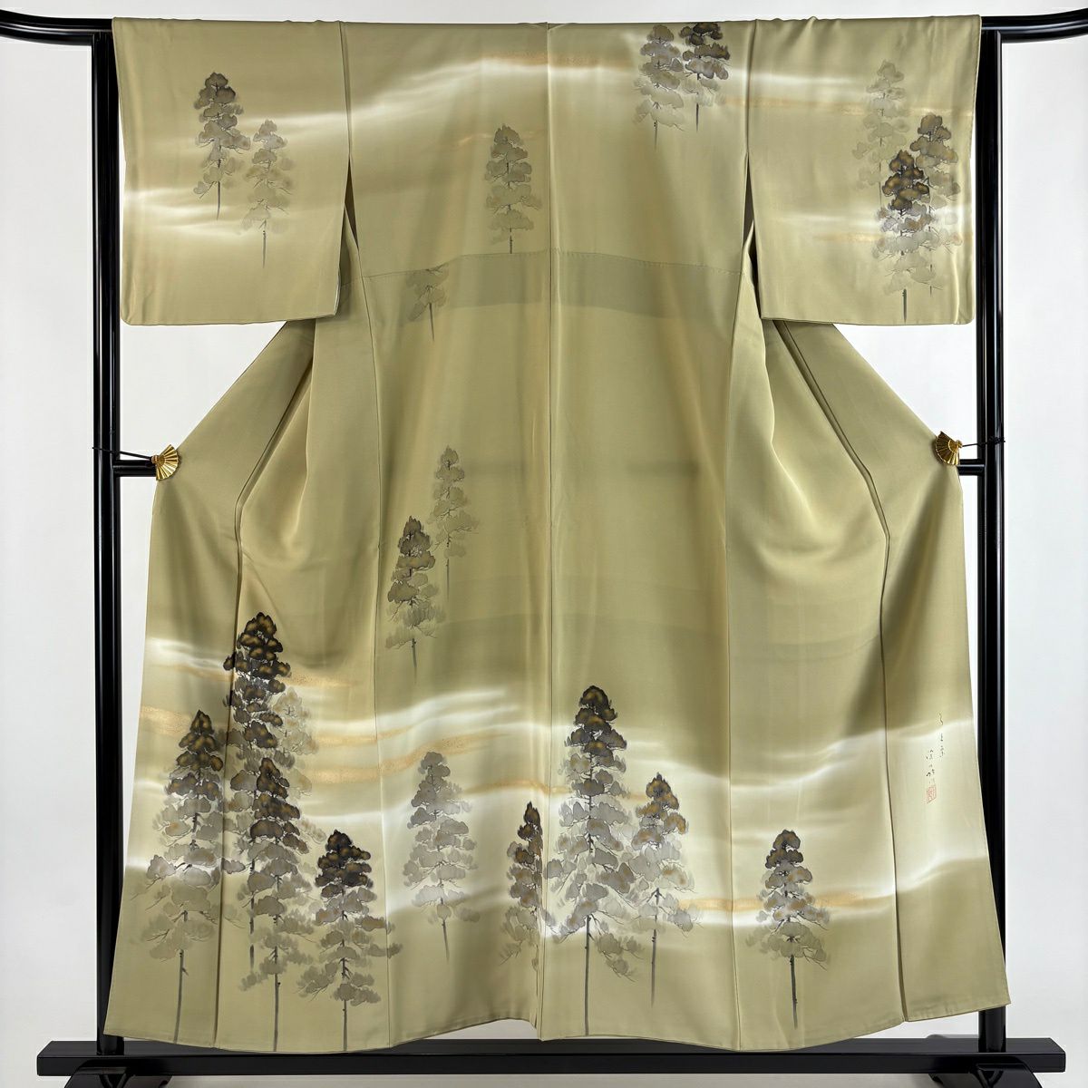 訪問服 身長154.5cm 袖長64cm M 雙層 落款あり 松樹 霞 金銀彩 漸層 茶綠 純蠶絲 秀品級