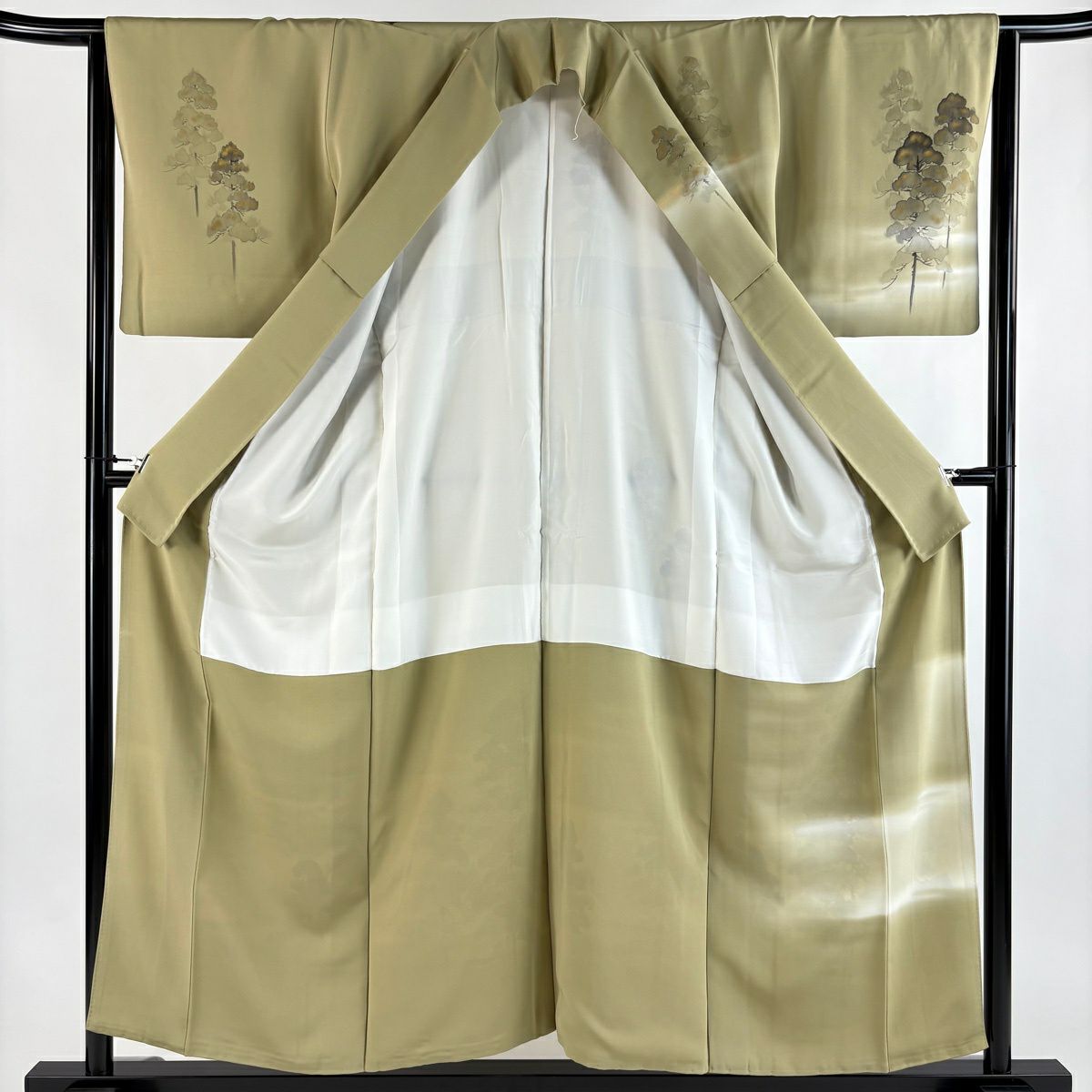 訪問服 身長154.5cm 袖長64cm M 雙層 落款あり 松樹 霞 金銀彩 漸層 茶綠 純蠶絲 秀品級