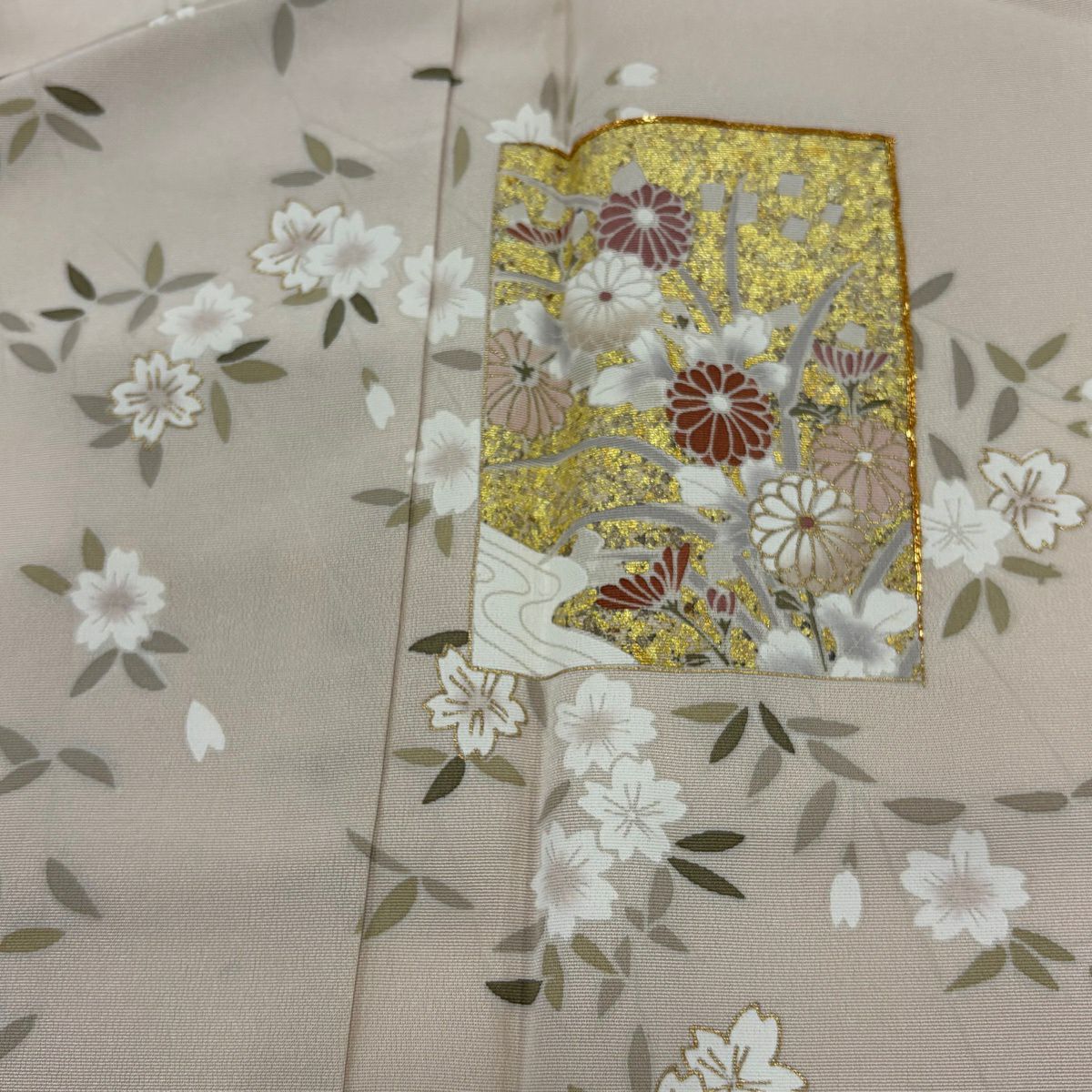 付下 身長159cm 袖長67cm M 雙層 色紙 櫻花 金絲 金銀彩 淺小豆 純蠶絲 優品級