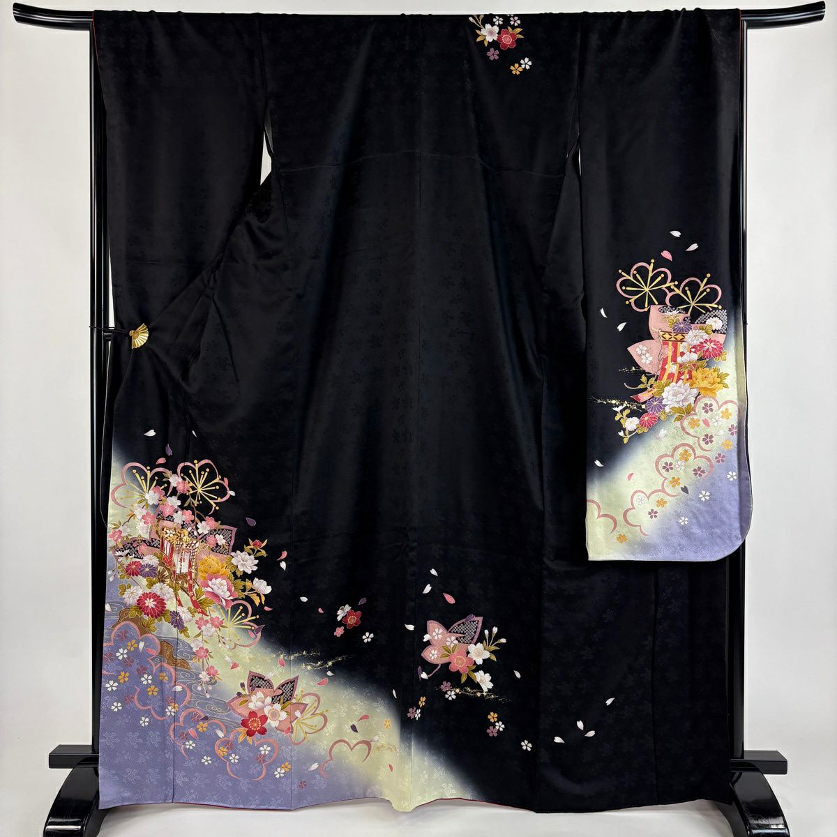 【美品】振袖禮服 身長168cm 袖長67cm M 雙層 御所車 梅花 金絲 金銀彩 黑 純蠶絲 秀品級