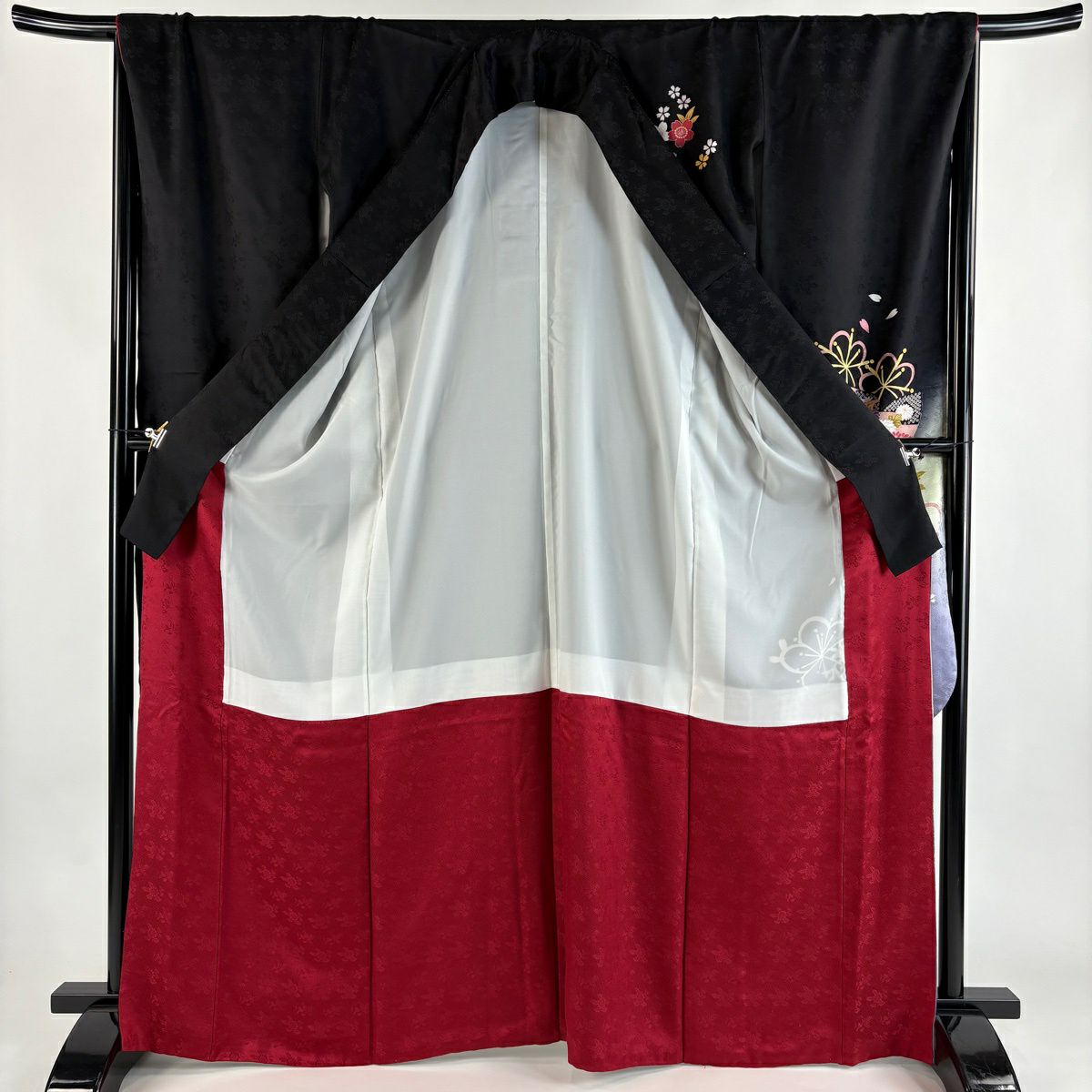 【美品】振袖禮服 身長168cm 袖長67cm M 雙層 御所車 梅花 金絲 金銀彩 黑 純蠶絲 秀品級