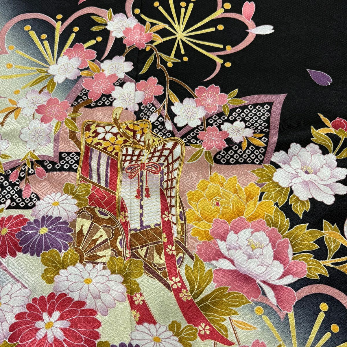 【美品】振袖禮服 身長168cm 袖長67cm M 雙層 御所車 梅花 金絲 金銀彩 黑 純蠶絲 秀品級