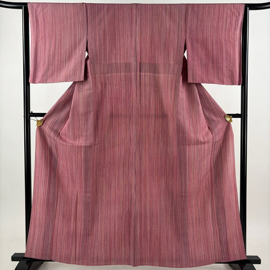 【美品】 小紋 身長161.5cm 袖長64cm M 單層 紬織織 落款あり 縱條紋 紅紫 純蠶絲 秀品級