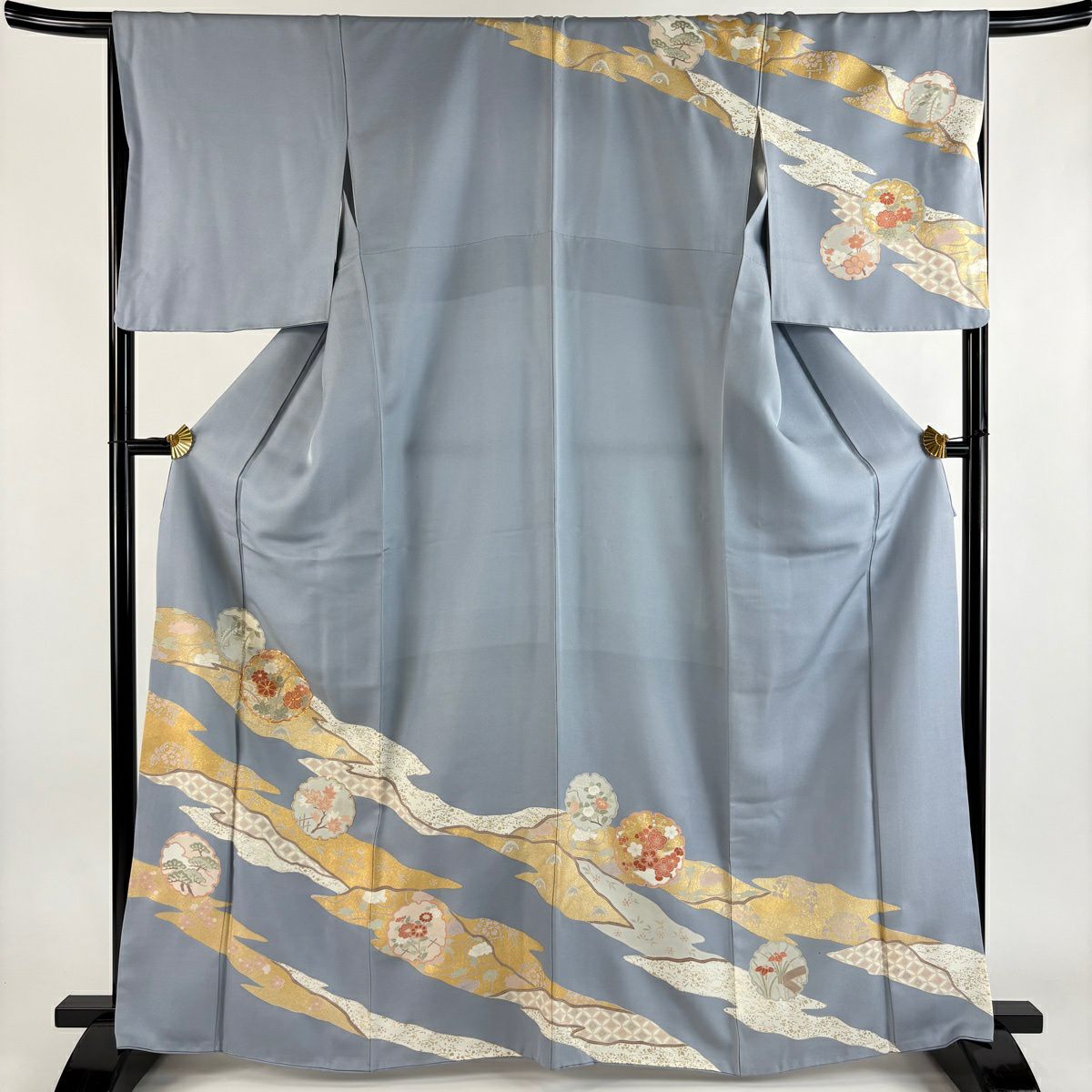 訪問服 身長165.5cm 袖長66cm M 雙層 雪輪 菊花 金絲 金銀彩 青灰 純蠶絲 秀品級