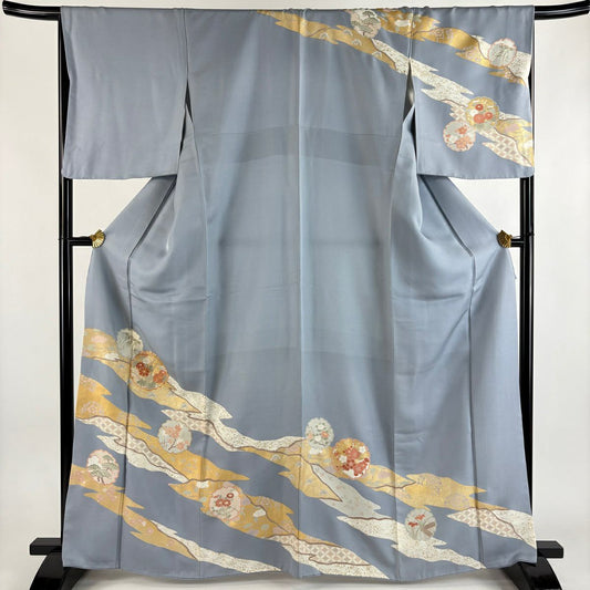 訪問服 身長165.5cm 袖長66cm M 雙層 雪輪 菊花 金絲 金銀彩 青灰 純蠶絲 秀品級