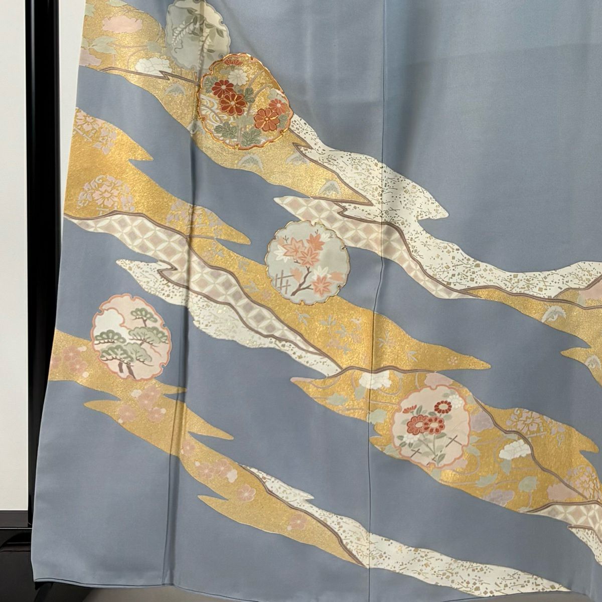 訪問服 身長165.5cm 袖長66cm M 雙層 雪輪 菊花 金絲 金銀彩 青灰 純蠶絲 秀品級