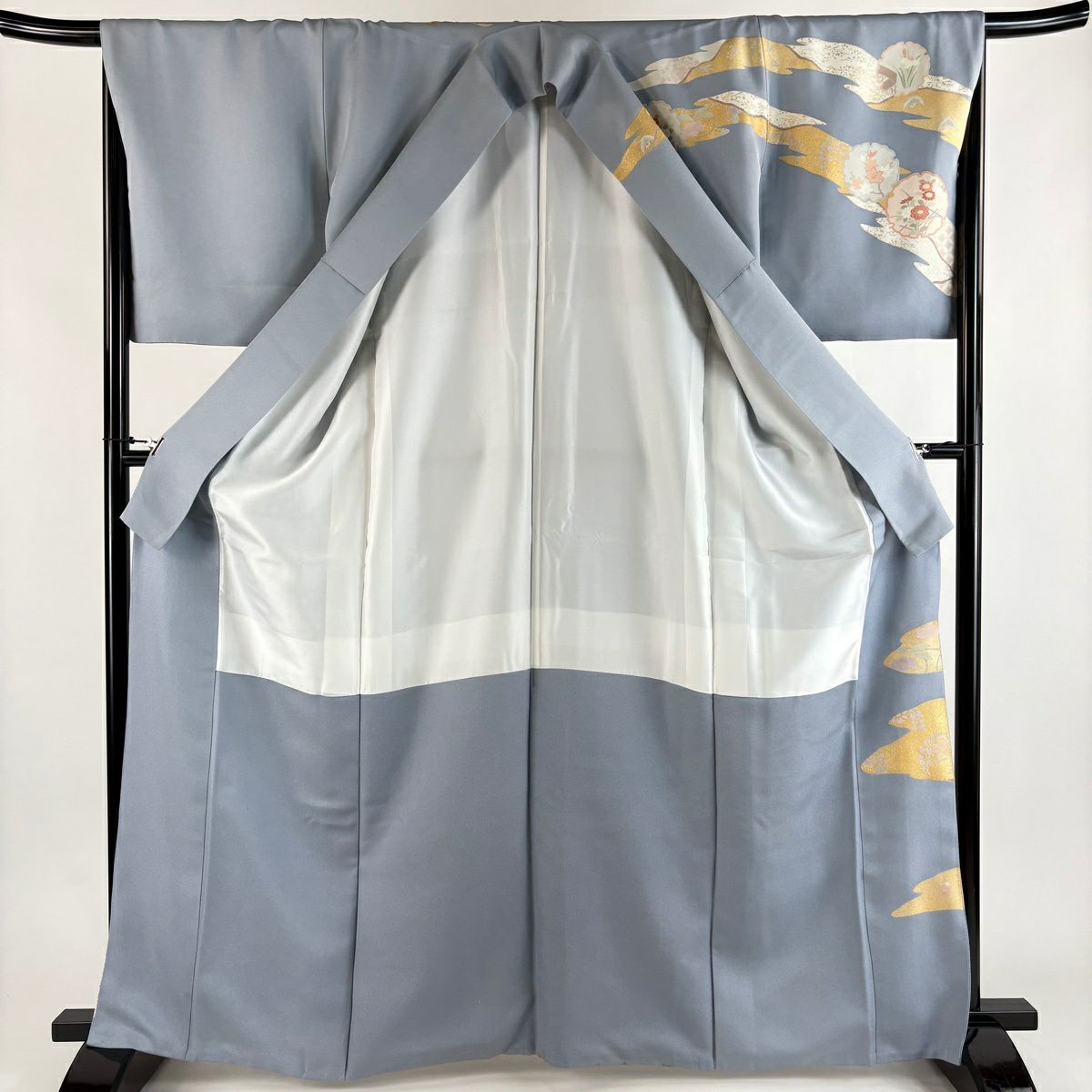 訪問服 身長165.5cm 袖長66cm M 雙層 雪輪 菊花 金絲 金銀彩 青灰 純蠶絲 秀品級