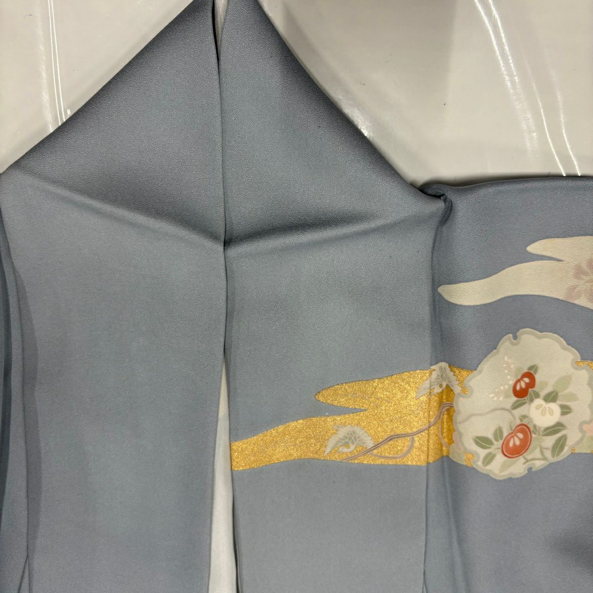 訪問服 身長165.5cm 袖長66cm M 雙層 雪輪 菊花 金絲 金銀彩 青灰 純蠶絲 秀品級