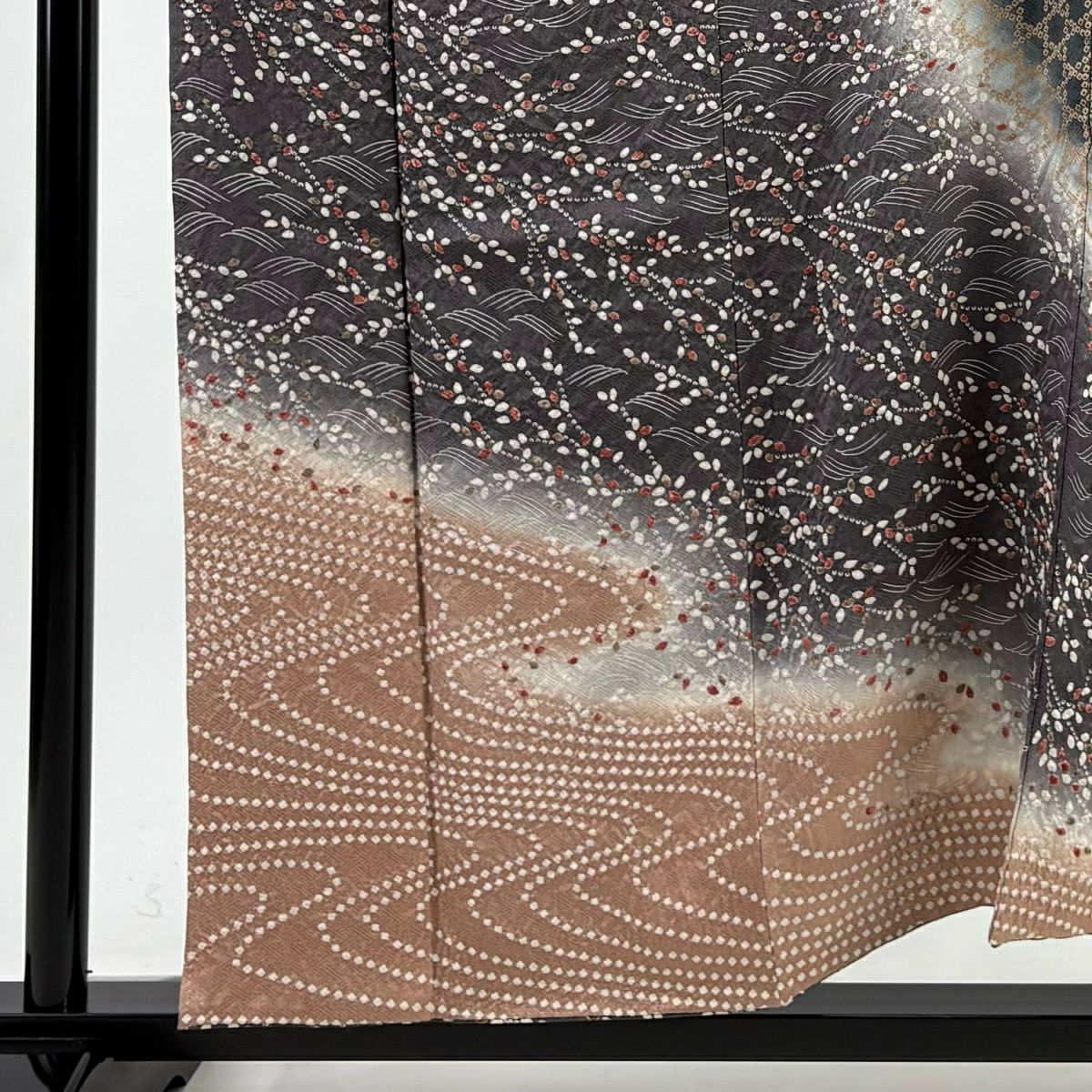 【美品】訪問服 身長156cm 袖長62.5cm S 雙層 ますいわ屋 葉花紋 流水 染分 ぼかし 灰紫 純蠶絲 秀品級