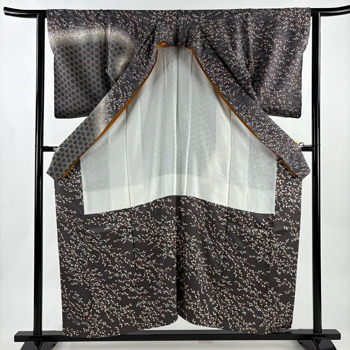 【美品】訪問服 身長156cm 袖長62.5cm S 雙層 ますいわ屋 葉花紋 流水 染分 ぼかし 灰紫 純蠶絲 秀品級