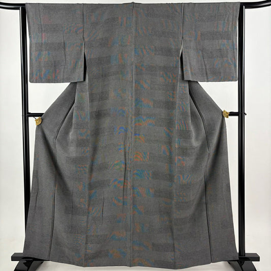 【美品】 江戶小紋 身長162cm 袖長64cm M 雙層 砂川健一 落款あり 寄せ花 段紋 黑灰 純蠶絲 秀品級